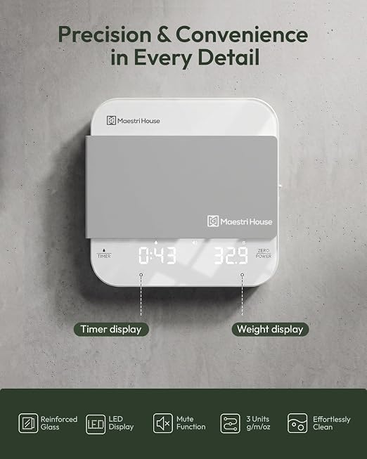 Maestri House S2 Espresso Coffee Scale with Timer 0.1g Precision Shot Scale | USB-C Rechargeable, Dual Timing Modes, 2kg/0.1g Digital Scale with Borosilicate Glass Top for Espresso and Pour-Over Brewing