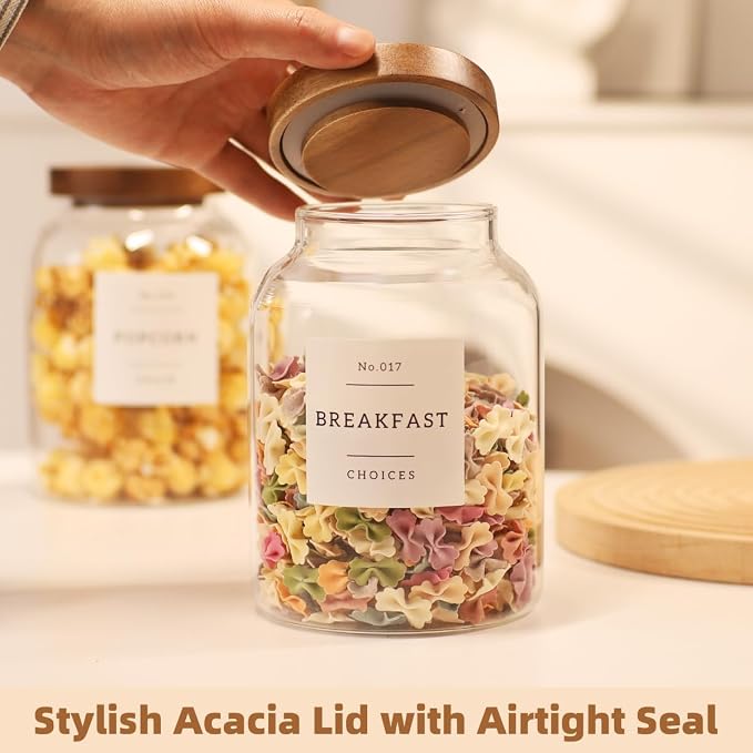 2 Pack Glass Food Storage Containers with Airtight Acacia Wood Lids and 132 Kitchen Pantey Labels Preprint - 43 LF OZ Borosilicate Glass Canister Sets for Food,Coffee,Cookie,Tea,Candy,Sugar