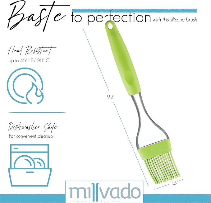 Millvado Silicone Basting Brush: Heat Resistant Cooking Brush for Oil and Sauce - Flexible Food Brush - Dishwasher Safe Basting Brush for Cooking – Green Silicone Pastry Brush/BBQ Brushes for Sauce