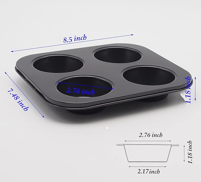 4 Cup Muffin Pan 8.5x 7.48” Air Fryer Small Oven Cupcake Baking Pan | Carbon Steel, Nonstick, No Toxic Bakeware, 2 Pack, Toaster Oven Tin, 1-2 Person Use, Easy Clean
