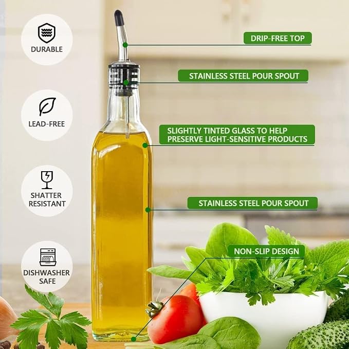 Leaflai Olive Oil Dispenser Bottle, 1 Pcs Glass Olive Oil Dispenser and Vinegar Dispenser Set with 2 Stainless Steel Pourers, 2 Labels,1 Brush and 1 Funnel Oil Bottles for Kitchen (500ml)