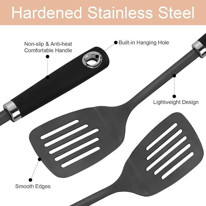 Black 3 Piece Stainless Steel Cooking Utensils Set, Metal Slotted Spoon, Slotted Turner Spatula and Skimmer Set for Frying, Serving, Dishwasher Safe