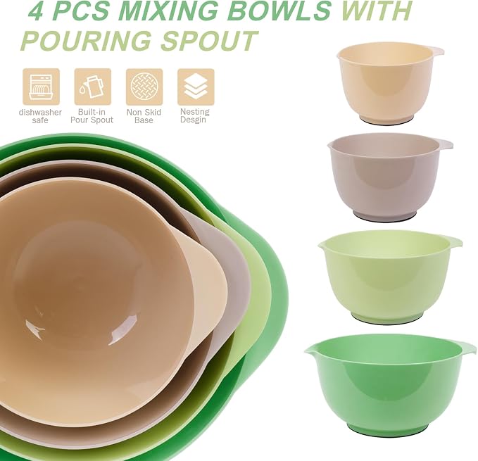 BoxedHome Classic Mixing Bowls Set of 4, BPA Free Plastic, Microwave Safe | 4.5, 3.5, 2.5 and 1.7 QT, Non-slip Base Large Non-toxic Nesting Bowl with Pour Spout, Dishwasher Safe, for Prep, Cooking