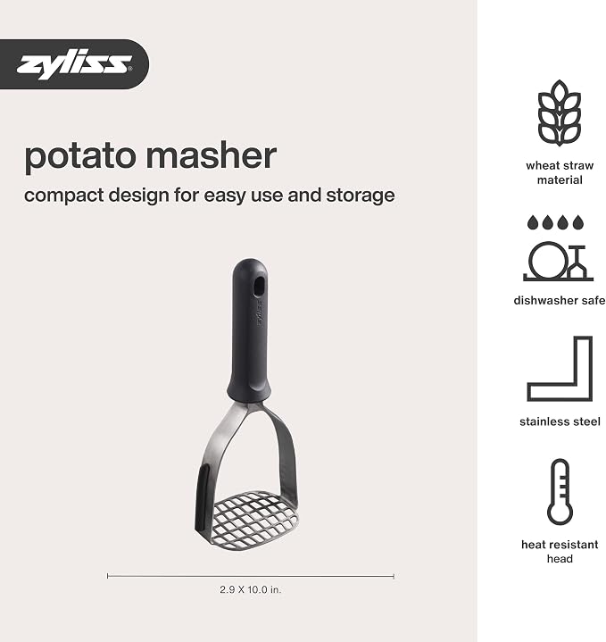 Zyliss Potato Masher, Robust Stainless Steel with Sustainable Wheat Straw Handle for Mashing Potato, Vegetables Garlic, Dishwasher Safe, Includes Scraper