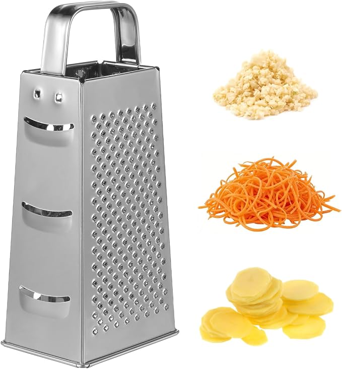MAGICLULU 8-Inch Box Cheese Grater with Handle - Heavy Duty Stainless Steel 4-Sided Vegetable Slicer, Shredder & Zester, Potato & Citrus - Multipurpose Manual Kitchen Food Tool