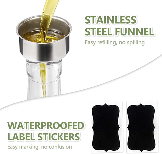 Leaflai Olive Oil Dispenser, 500 ml/17 oz Vinegar and Olive Oil Bottle Dispenser Oil Bottles for Kitchen with 1 Pourers,2 Labels and 1 Funnel, Home Square Tall Glass Oil Container As Gift
