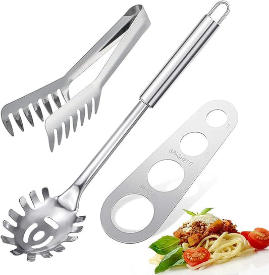 3 Pieces Stainless Steel Spaghetti Server Set | Pasta Tong, Spoon Server Fork, Measure Tool - Kitchen Cooking Utensil Set, for Noodles Serving Gadgets