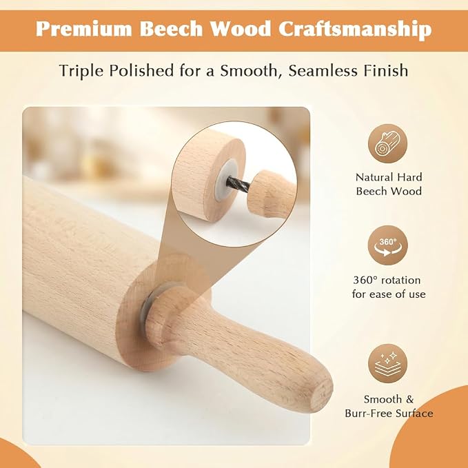 Wood Rolling Pin with Silicone Baking Mat Wood Base, Non Stick Dough Roller with Handle, Fondant Roller Beech Rolling Pins for Baking Pizza Pastry Bread Cookies