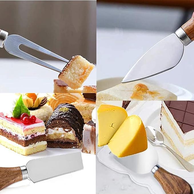 Set of 6 Cheese Knife Set, Cheese Knives Cheese Knife Set Wooden Handle Stainless Steel Cheese Slicer Fork Spreader Cheese Tool for Cheese Butter Pizza Cake