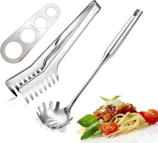 3 Pieces Spaghetti Spoon and Pasta Tong, Stainless Steel Comb Shaped Tongs, Noodles Pasta Clip Kitchen Cooking Tool