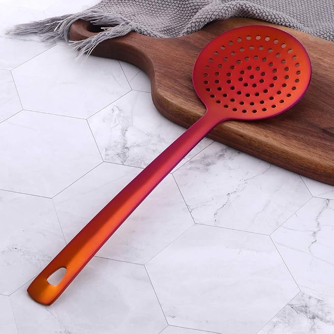 Skimmer Spoon, BuyGo Rainbow Red Slotted Spoon Strainer Ladle Stainless Steel Cooking Utensil, Comfortable Grip Design
