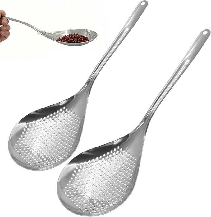 Jiozermi 2 Pcs Stainless Steel Skimmer Slotted Spoon, Pasta Spider Strainer Ladle, Durable 304 Stainless Steel Frying Strainer Spoon for Frying, Cooking, Noodles, Pasta, and Vegetables