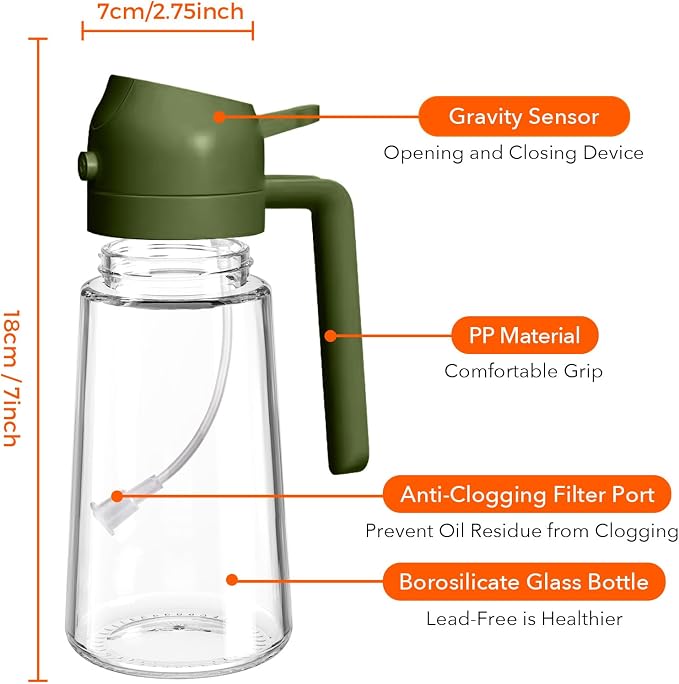 YARRAMATE 16 oz 2-in-1 Glass Olive Oil Sprayer for Cooking, OliveGreen | Food-grade dispenser bottle, 470 ml, spray and pour, portion control, stickers included, for salad, frying and BBQ