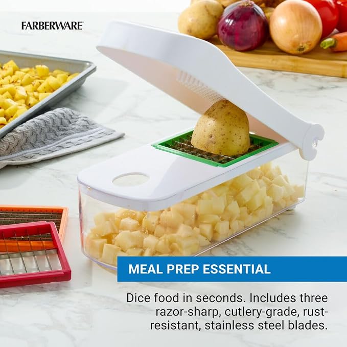 Farberware Professional Large Vegetable Chopper with 3 Interchangeable Blades - Manual Onion Chopper, Food Dicer for Potatoes, Tomatoes, Peppers, Garlic - Stainless Steel, Dishwasher Safe