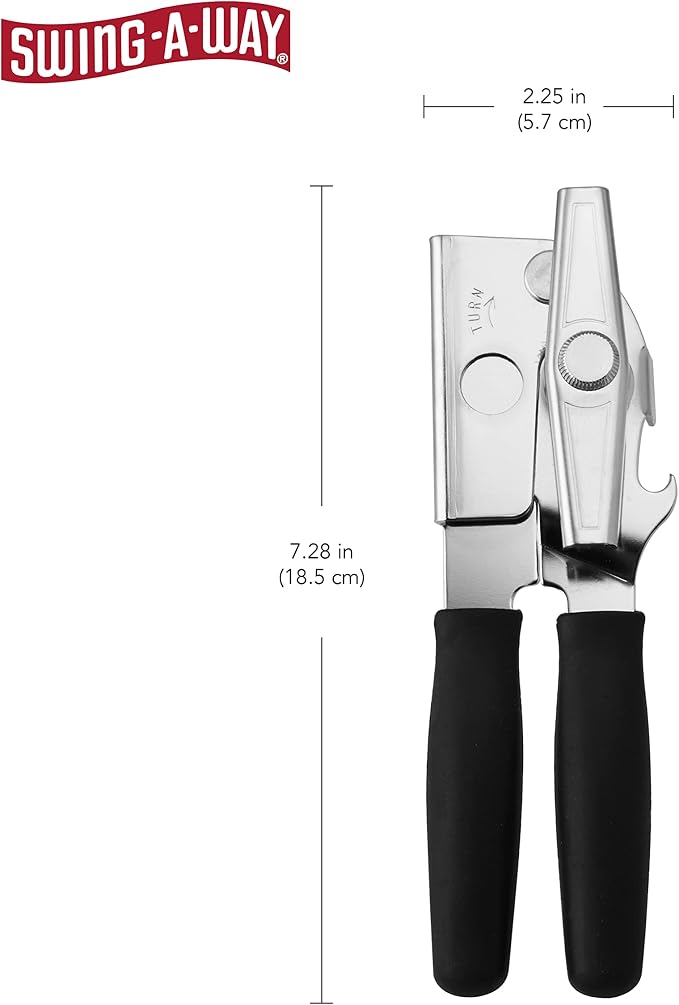 Swing-A-Way Portable Can Opener, Features an Ergonimic Handle for Optimal Comfort, and Built-in Bottle Opener for a 2-in-1 Tool, Durable Cutting Wheel, Black