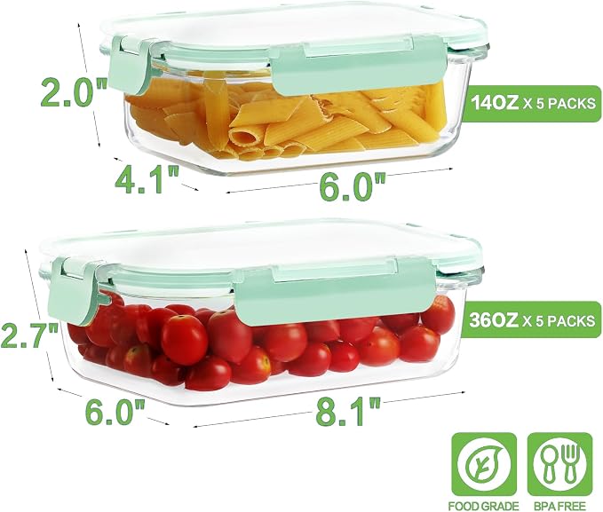 HOMBERKING 10-Pack Glass Meal Prep Containers, 36 oz/14 oz, Locking Lid Set | Borosilicate Glass Food Storage Containers Set, Airtight Lunch Bento Boxes, BPA-Free, Dishwasher Freezer, Oven Safe-Blue