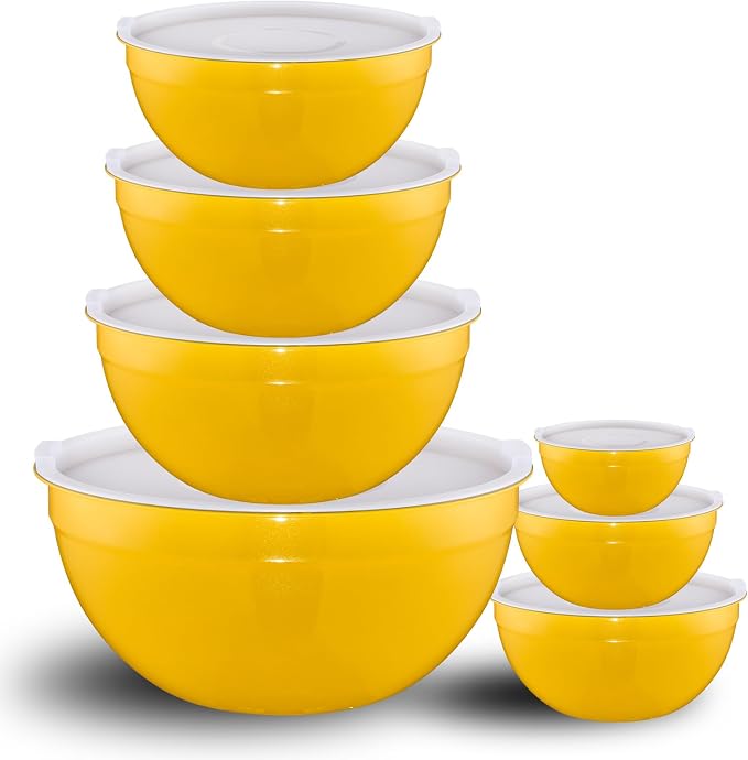 Yellow Mixing Bowls with Lids Set of 7, Stainless Steel Nesting Bowl with Khaki Lid for Non-slip Mixing Prepping Storing Serving, 7 Sizes-7/3.6/2.7/2.1/1.5/1/0.8 QT