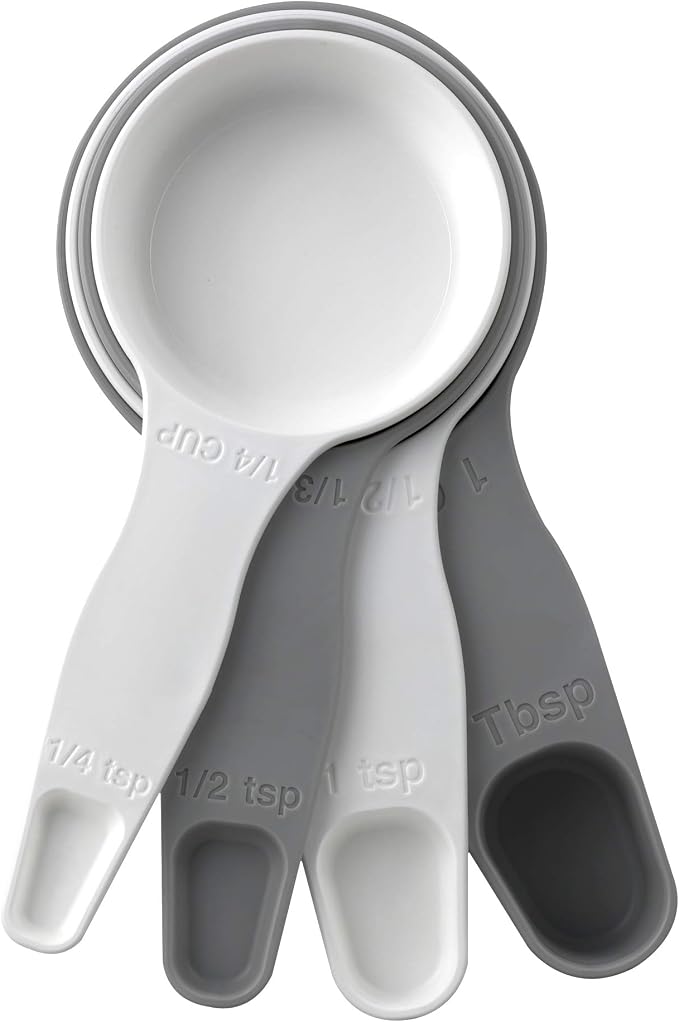 Storage Theory 2-in-1 Measuring Cups & Spoons Set (4-Piece) - Nesting Space-Saving Kitchen Gadget - BPA-Free Food Grade Plastic - Dishwasher Safe for Baking, Cooking, Coffee - White/Gray