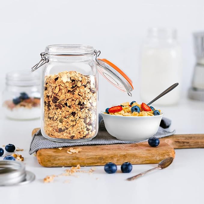 Qianfenie 50 oz Glass Jars with Airtight Lids, Wide Mouth Mason Jars, 4 Pc | Square Glass Jars, BPA Free, Dishwasher Safe, Heavy-Duty Glass Storage Containers for Flour, Sugar, Kitchen & Pantry