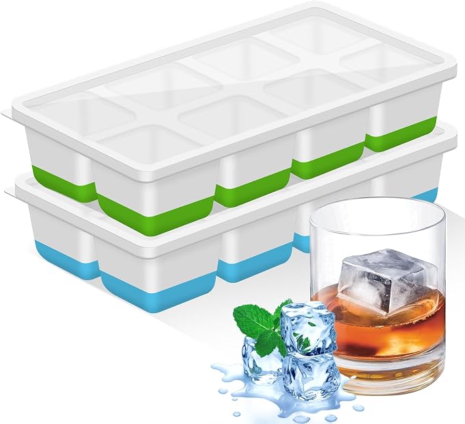 Large Ice Cube Tray, 2 Pieces Silicone Ice Cube Tray with Lid for Whiskey, Cocktails, Beer, Wine, Refrigerated Drinks, BPA Free, Stackable Reusable (Green + Blue)