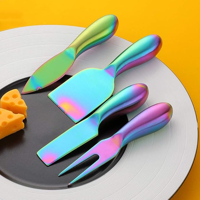 4 Pieces Stainless Steel Cheese Knives Set,Stainless Steel Cheese Knives, Cheese Cutter , Cheese Slicer, Cheese Fork -Rainbow Color