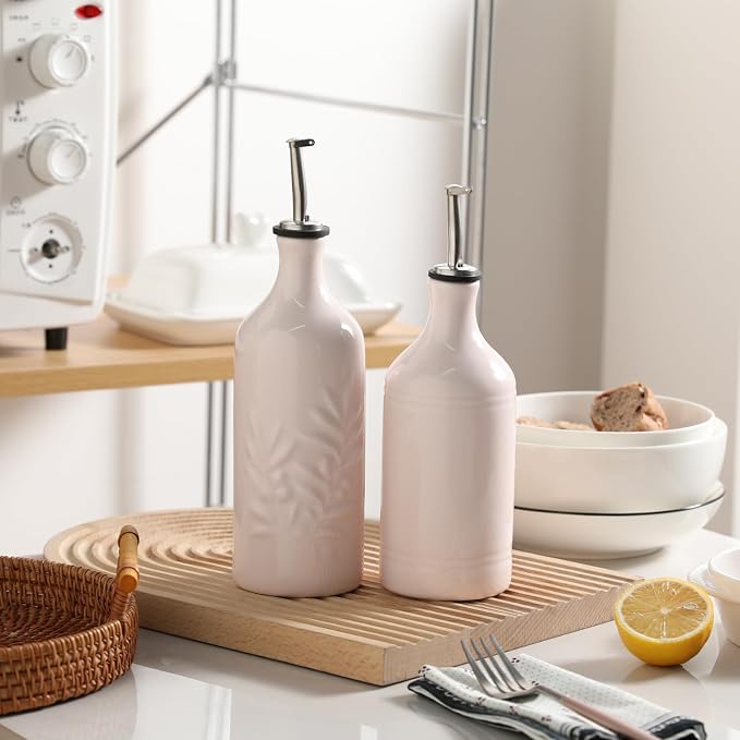 Sweejar Ceramic Olive Oil Dispenser Bottle, 20 Oz Relief Opaque Oil Cruet Protects To Reduce Oxidation, Suitable for Storage Vinegar, Soy Sauce,Liquids,Set of 1 (Rose Quartz)