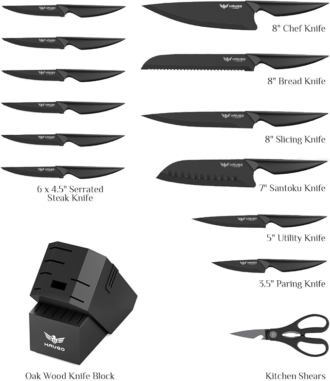 Kitchen Knife Set with Block: 15-Piece High Carbon Stainless Steel Professional Knives - Dishwasher Safe with Sharpener - Comfortable Grip Reduces Hand Fatigue 30% - Black