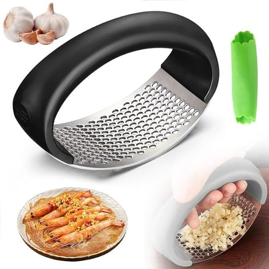 Garlic Press Stainless Steel, Manual Garlic Mincer & Crusher with Garlic Peeler Tube, Easy to Clean Dishwasher Safe Kitchen Tool for Garlic & Ginger (1)
