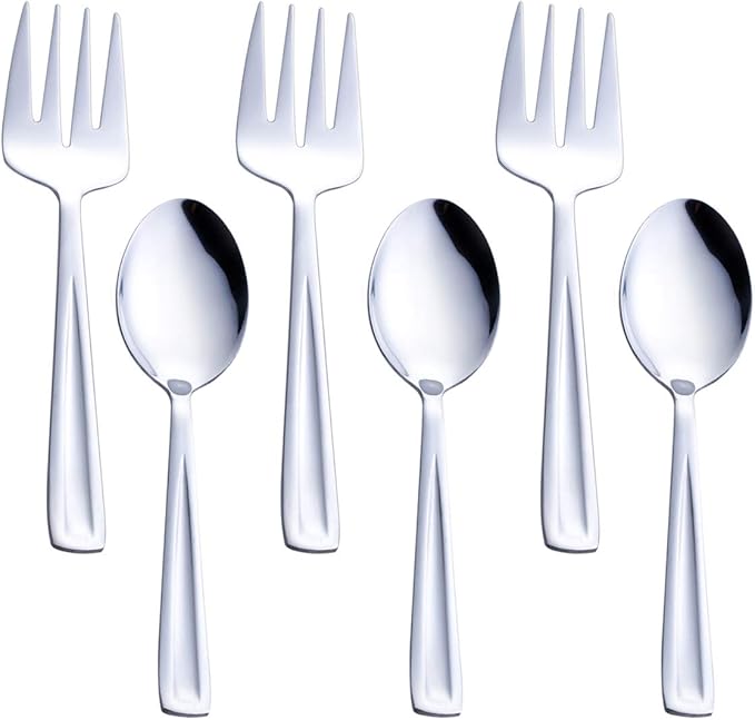 GoGeiLi Stainless Steel Serving Spoon and Serving Fork Set, Include 3 Large Serving Spoon and 3 Serving Fork, 9.5-inch Catering Serving Utensil Set, Dishwasher Safe