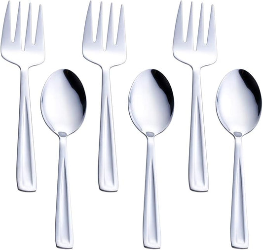 GoGeiLi Stainless Steel Serving Spoon and Serving Fork Set, Include 3 Large Serving Spoon and 3 Serving Fork, 9.5-inch Catering Serving Utensil Set, Dishwasher Safe