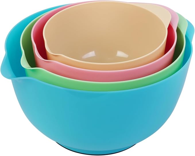 BoxedHome Classic Mixing Bowls Set of 4, BPA Free Plastic, Microwave Safe | 4.5, 3.5, 2.5 and 1.7 QT, Non-slip Base Large Non-toxic Nesting Bowl with Pour Spout, Dishwasher Safe, for Prep, Cooking