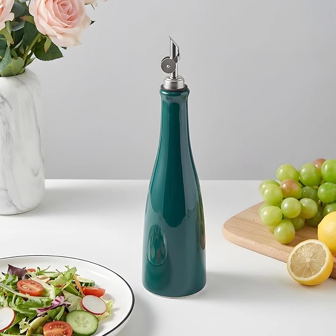YOLIFE Olive Oil Dispenser Bottle, 17oz/500ml Ceramic Oil Bottle (Green) | Oil Dispenser with Gravity Spout, Leak Proof EVOO Dispensing Bottle with 2 Spouts and 1 Funnel for Vinegar, Kitchen