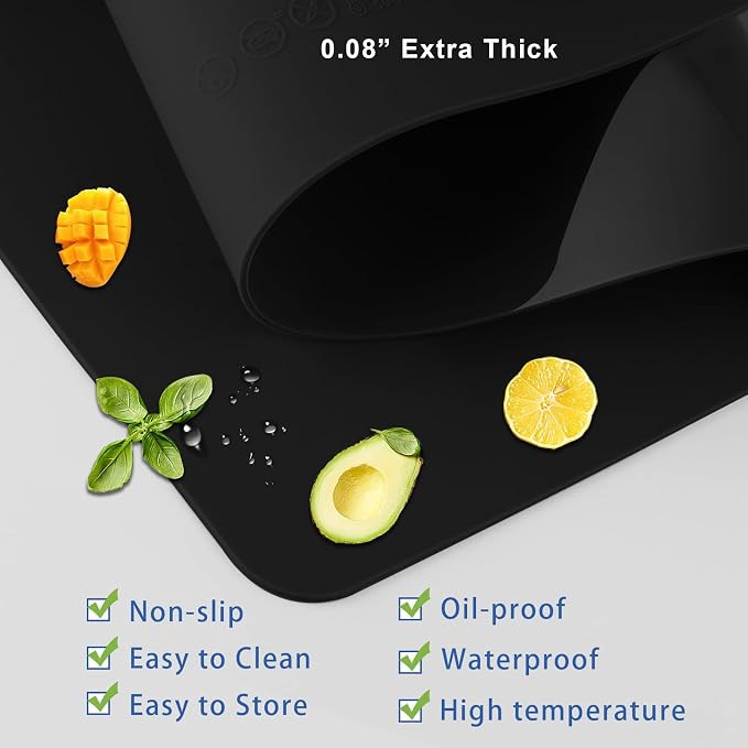 Food-Grade Silicone mat，2MM Extra Thick Silicone Mats for Kitchen Counter, 25.6" x17.7" Non-Slip Waterproof Large Countertop Protector Mat, Heat Resistant Mat, Silicone Placemat (Black)
