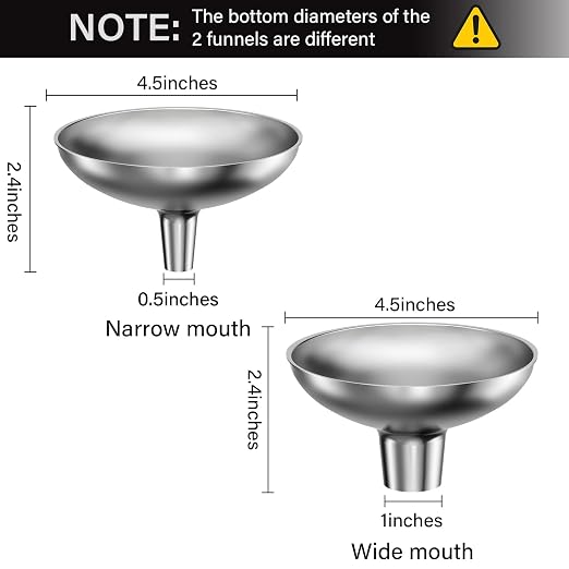 Serinar Stainless Steel Funnel, 2 Large and Small Mouth Filling Kitchen funnels, Liquids, fluids, Spices and Powders, Durable and Washable.
