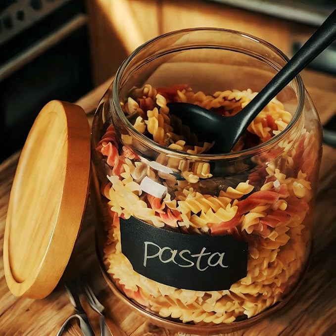 SAIOOL 2-Pack Striped Borosilicate Glass Airtight Canisters - Big mouth Large Capacity, Acacia Wood Lid, Food Storage Jars for Flour, Pasta, Pantry Organization (1/2 Gallon （Yellow Press lid 2 pack）)
