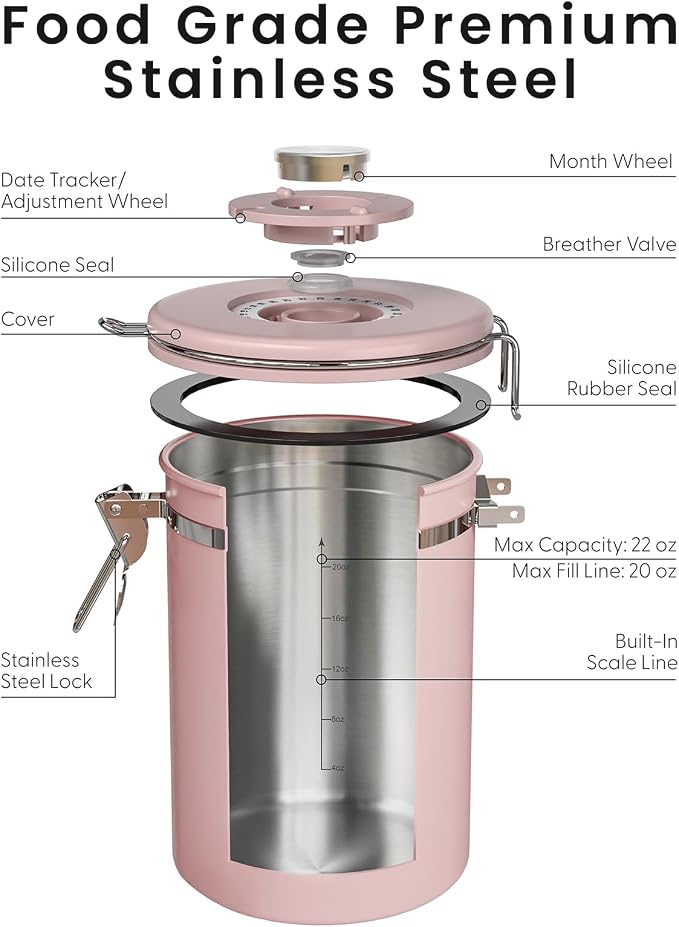 Veken Coffee Canister with Window, Airtight Stainless Steel Container, 22OZ | Date Tracker,Kitchen Food Storage Organizers for Beans, Ground, Espresso, Rice,Tea, Sugar,Cereal, Gifts,Lids,Jars,Scoop, Pink