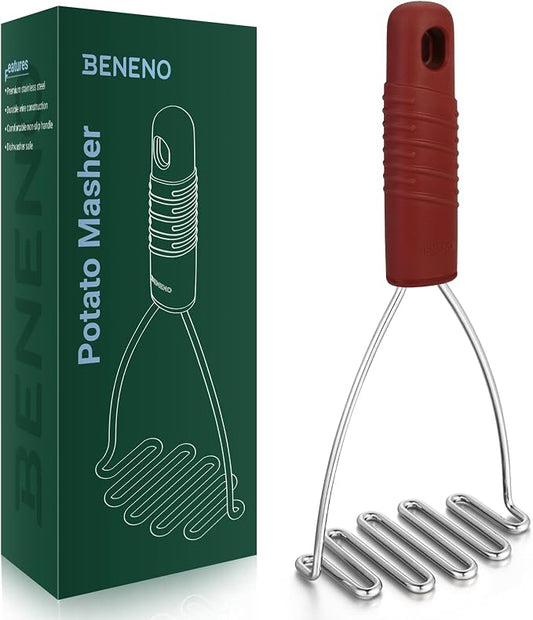 Beneno Thickened Reinforced Stainless Steel Wire Potato Masher, Ergonomic Non-Slip Grip Handle for Effortless Mashing, Rust-Proof & Dishwasher Safe Sturdy Kitchen Tool, Ideal Gift, Red