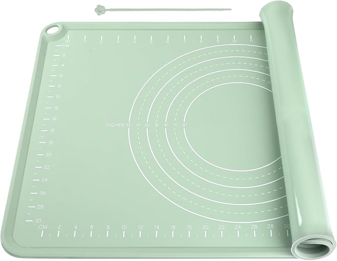Silicone Pastry Mat, Non Slip Dough Mat with Measurements and Raised Edges, Food Grade Silicone Countertop Baking Mat for Rolling Dough, Kneading Bread, Cookies, Pizza, Pie Crust