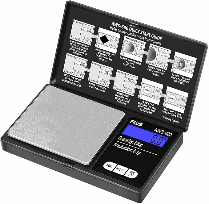 American Weigh Scales Digital Pocket Scale 600g x 0.1g with LCD Display Gram, Ounce, Carat, Grain for Coins, Jewellery, Gemstones, Metals, Kitchen, Food & Medicines – Black