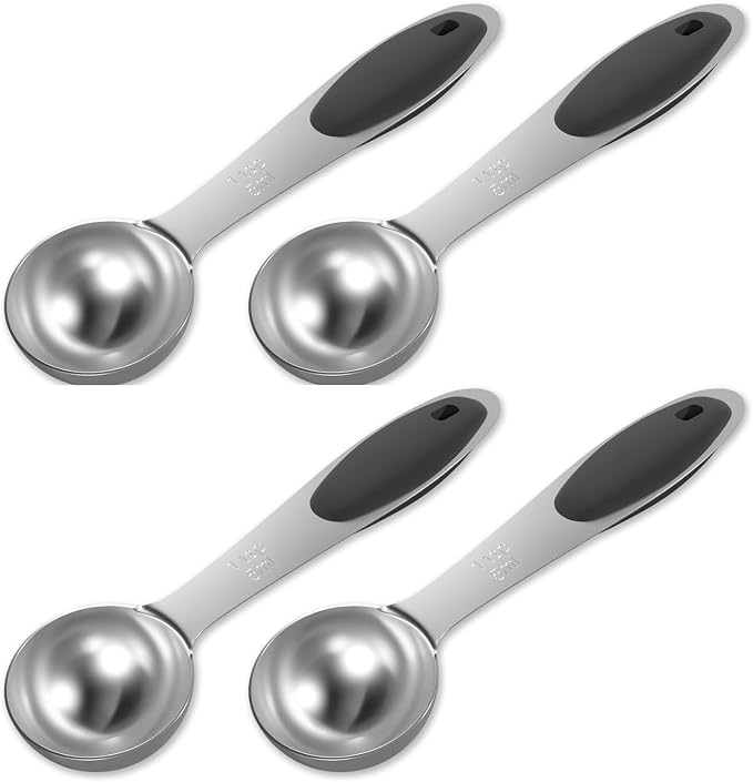 4PCS 1Tbsp(15ml, 1/2oz) Measuring Spoon, Stainless Steel Measure Scoop | Accurate, BPA-Free, Dishwasher Safe, Silicone Grip, Engraved Marking, Kitchen Essential