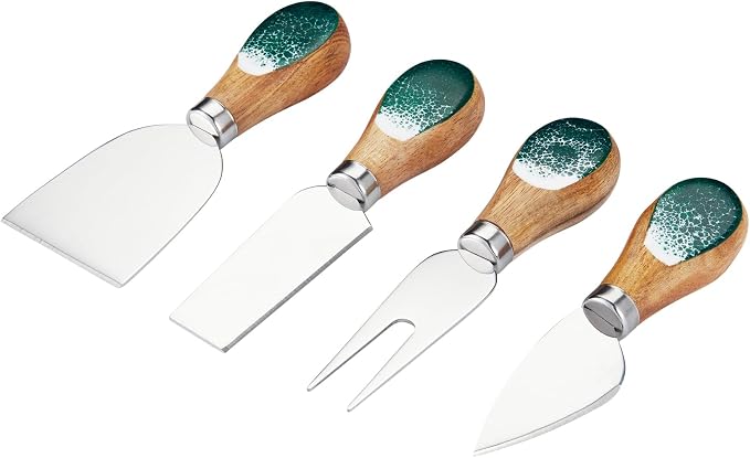 Cheese Knives Set with Wooden and Resin Handle, Mini Steel Stainless Cheese Knife with Wood Set for Charcuterie and Cheese Spread, Perfect for Cheese Slicer and Butter Cutter (Green, 4pcs)