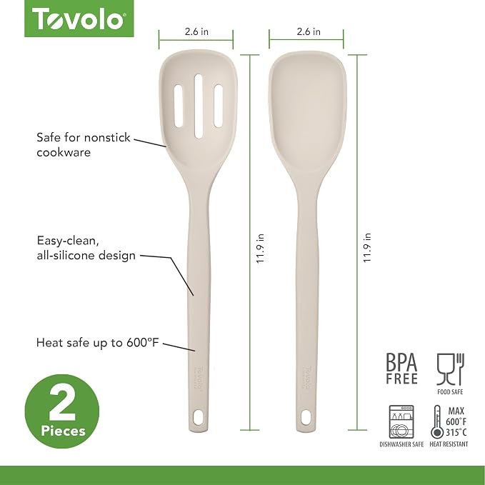 Tovolo Elements Silicone Spoon Set of 2 Mixing and Slotted Spoon Bundle for Non Stick Cooking Mixing Serving, Dishwasher Safe Heat Resistant Slotted Spoon and Mixing Serving Spoon, Oatmeal