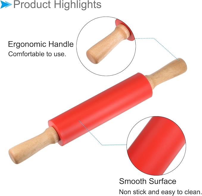 Silicone Rolling Pins, 15" Length, Silicone & Oak Non-Stick Ergonomic Wooden Handle Fondant Dough Roller Red - (Applications: for Baking DIY Projects)