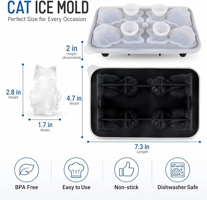 Cat Ice Cube Tray Mold - Cute Fun Ice Molds Gifts for Cat Lovers Women Men | 3D Cat Shape Cute Ice Molds for Whiskey Bourbon, 4-Hole Large Fun Shapes Themed Funny Gifts, for Cat Lovers Women Men