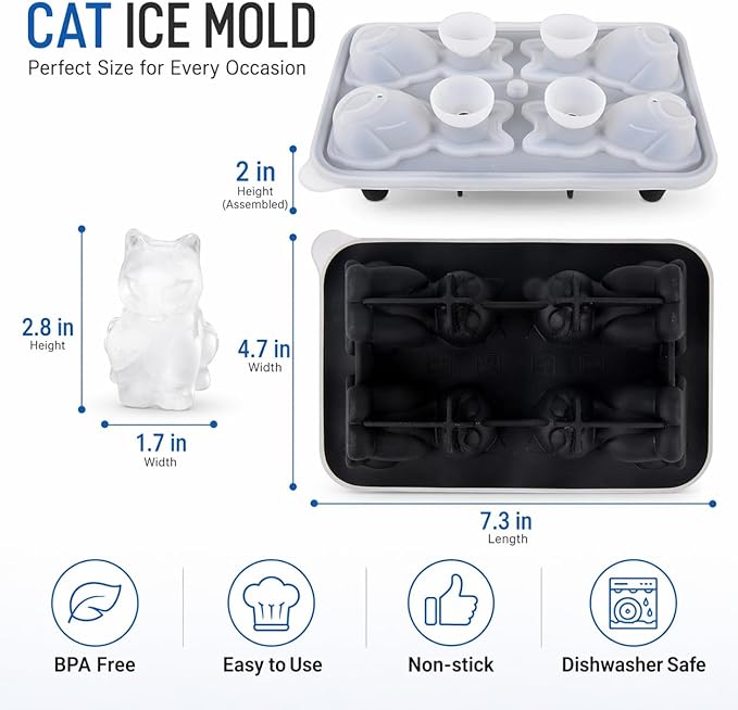 Cat Ice Cube Tray Mold - 2 Pcs Cute Fun Gifts for Cat Lovers Women Men | 2pcs 3D Cat Shape Cute Ice Molds for Whiskey Bourbon, 4-Hole Large Fun Shapes Themed Funny Gifts, for Cat Lovers Women Men