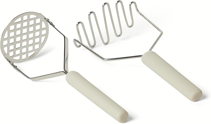Amazon Basics Potato Mashers, 2-Piece Set, Stainless Steel, Soft Grip Handle, Dishwasher-Safe, Linen Gray