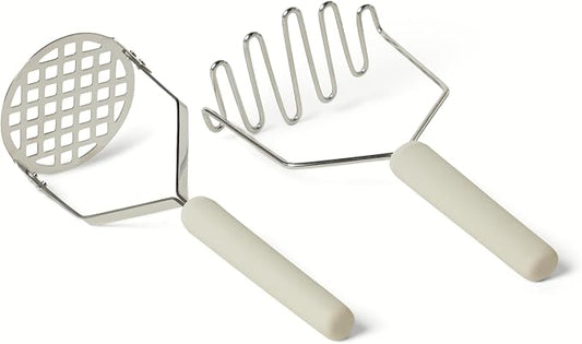 Amazon Basics Potato Mashers, 2-Piece Set, Stainless Steel, Soft Grip Handle, Dishwasher-Safe, Linen Gray