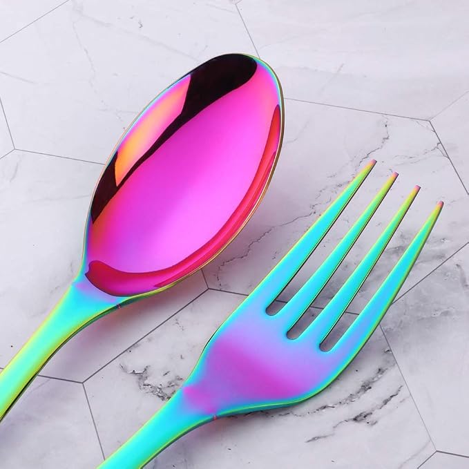 Long Handle Serving Set, 10 inch Stainless Steel Polished Serving Spoon, Fork, Slotted Spoons, Set of 3 (Rainbow)