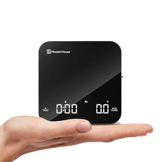 Maestri House S2 Espresso Coffee Scale with Timer 0.1g Precision Shot Scale | USB-C Rechargeable, Dual Timing Modes, 2kg/0.1g Digital Scale with Borosilicate Glass Top for Espresso and Pour-Over Brewing