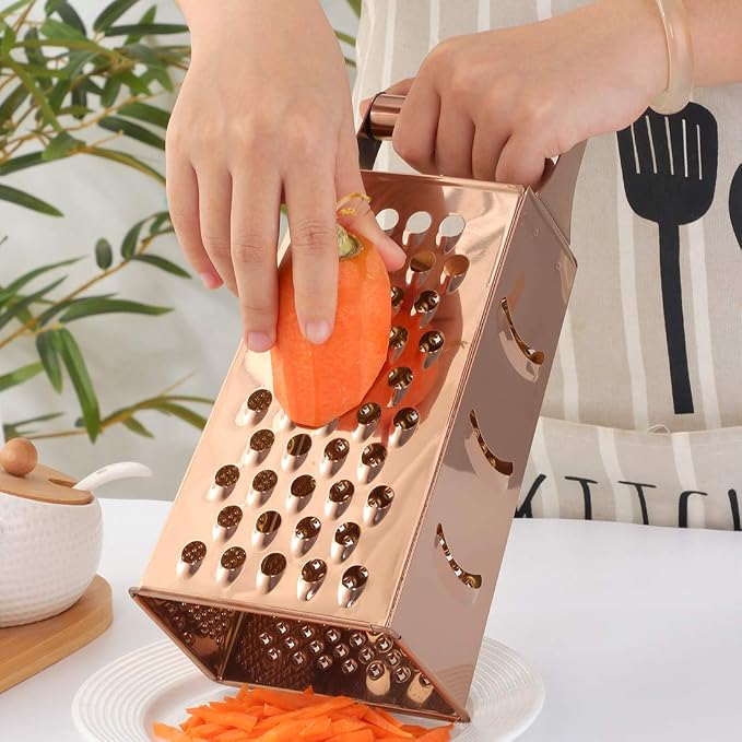 Buyer Star Handheld Cheese Grater Box for Kitchen Stainless Steel Cheese Grater with Handle for Grinding Shredding & Slicing, 4 Sided Metal Food Shredder Cheese Slicer, Dishwasher Safe, Rose Gold